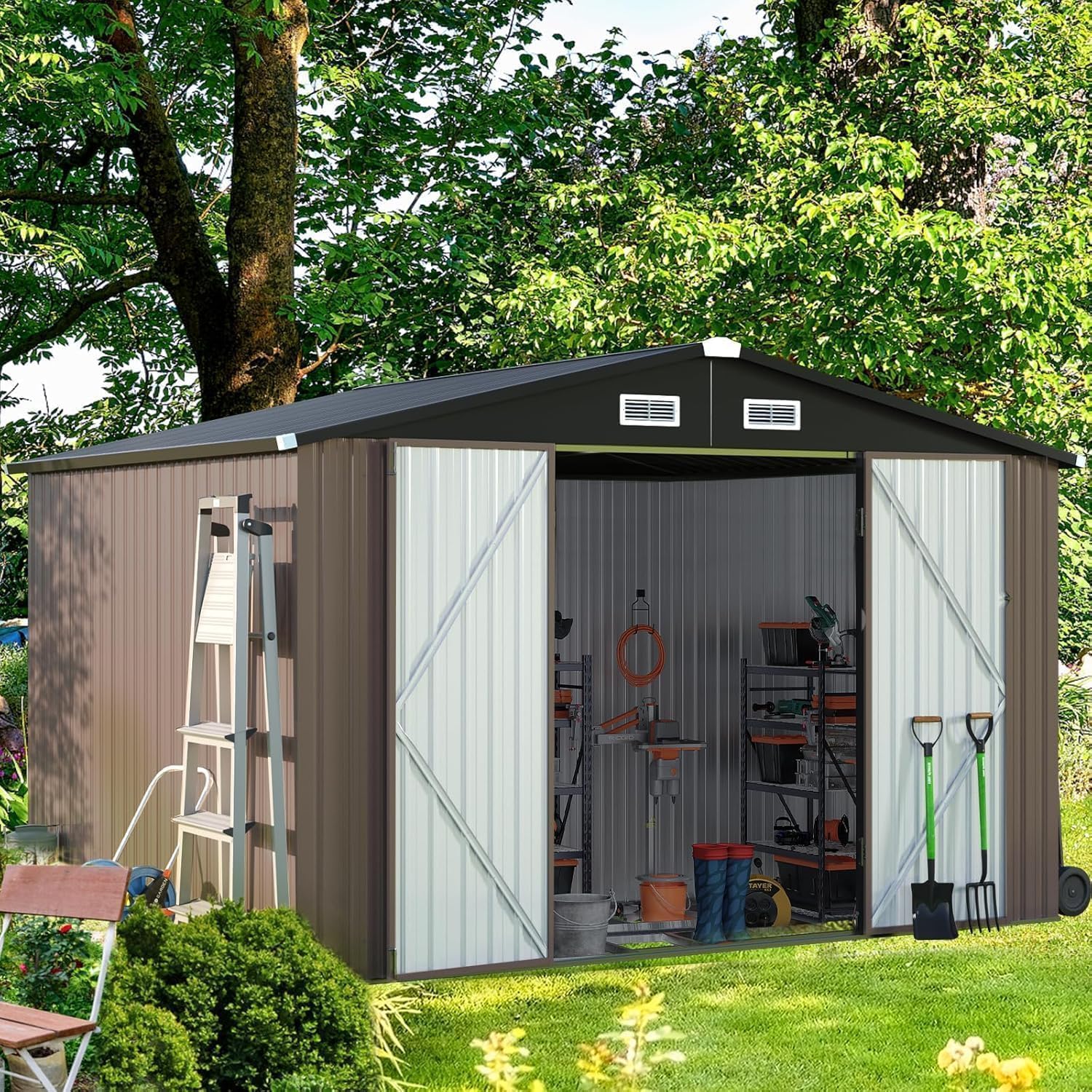 Aoxun Outdoor Storage Shed, 3' x 5' Galvanized Metal Shed with Air Vent and Sliding Door, Tool Storage, Bike Shed, Garden Tool Storage Shed, for Patio, Lawn