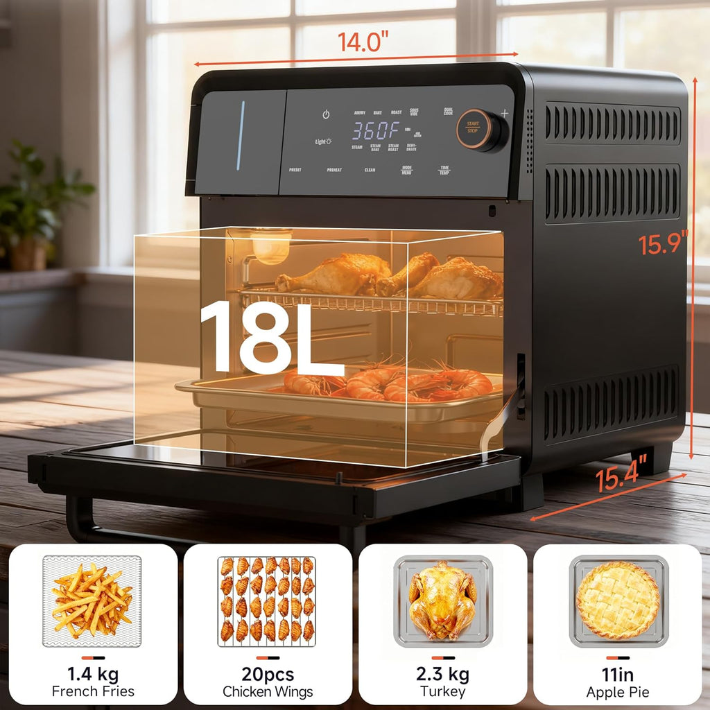 OUNIN Steam Oven 18L, 11-in-1 Air Fryer Oven with Steam Infusion, Dual Cook, Bake, Roast, Dehydrate & Self-Cleaning, 360° Even Heating, Easy to Use, Stainless Steel Inner, Space-saving Design