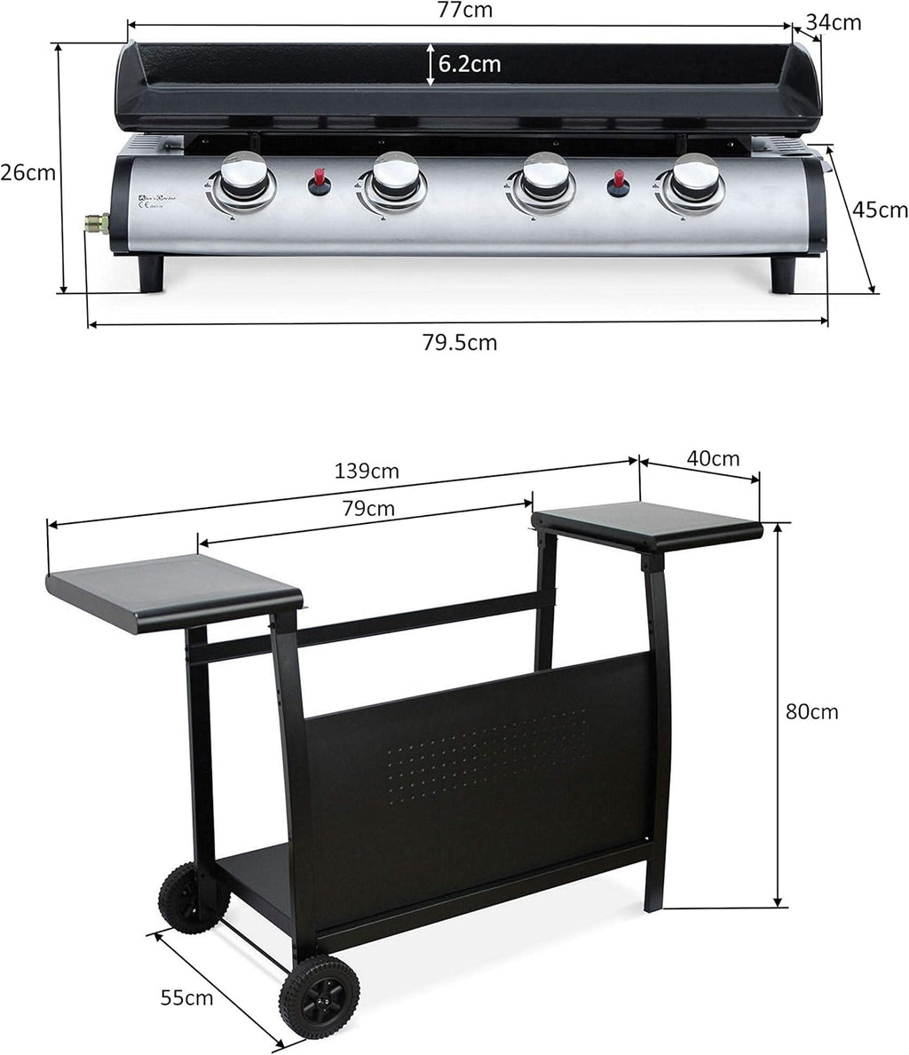 4 Burner Gas BBQ Plancha Grill 10kw Output Power with Detachable Trolley - Gas Bottle Regulator - Cover