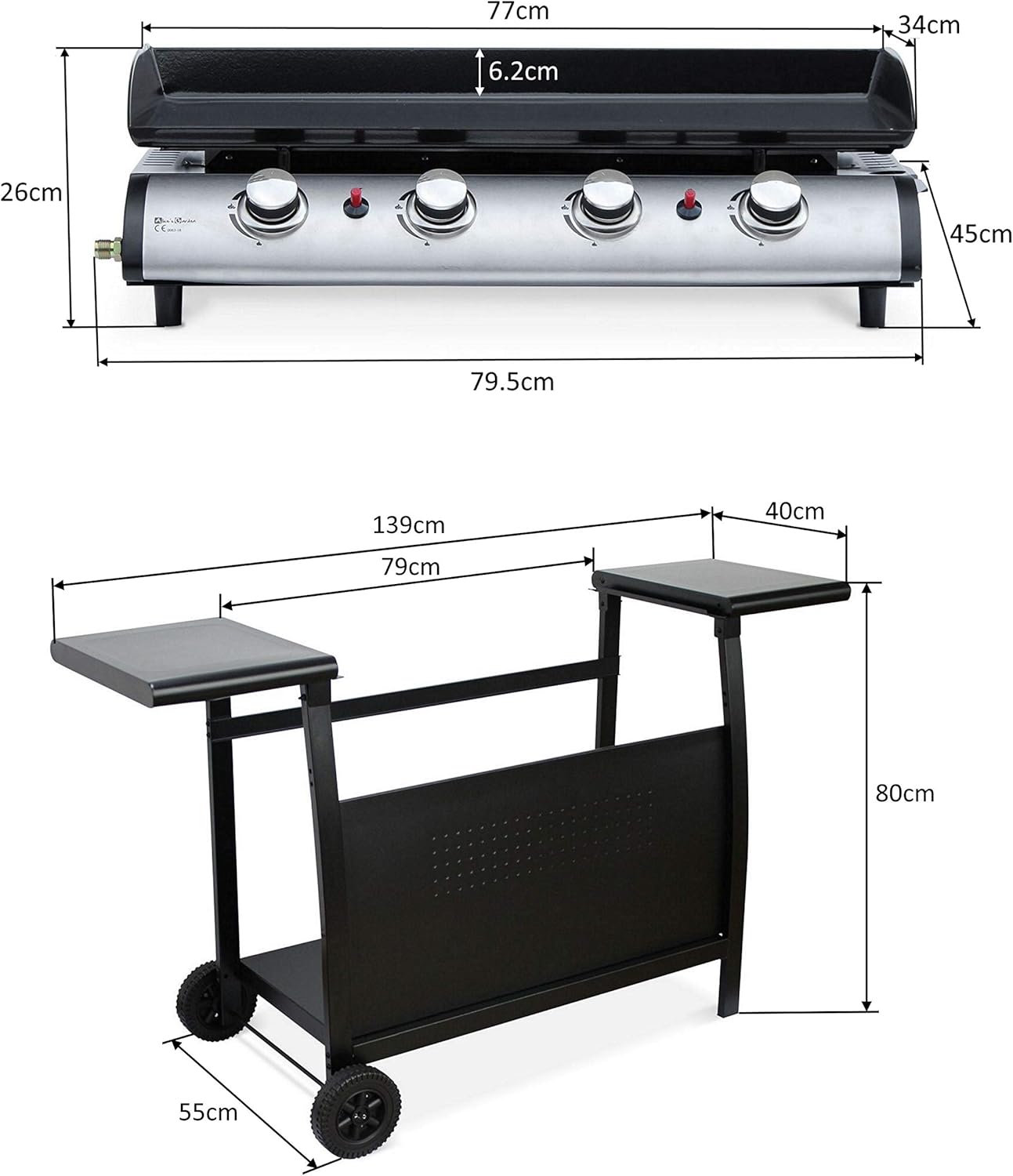 4 Burner Gas BBQ Plancha Grill 10kw Output Power with Detachable Trolley - Gas Bottle Regulator - Cover