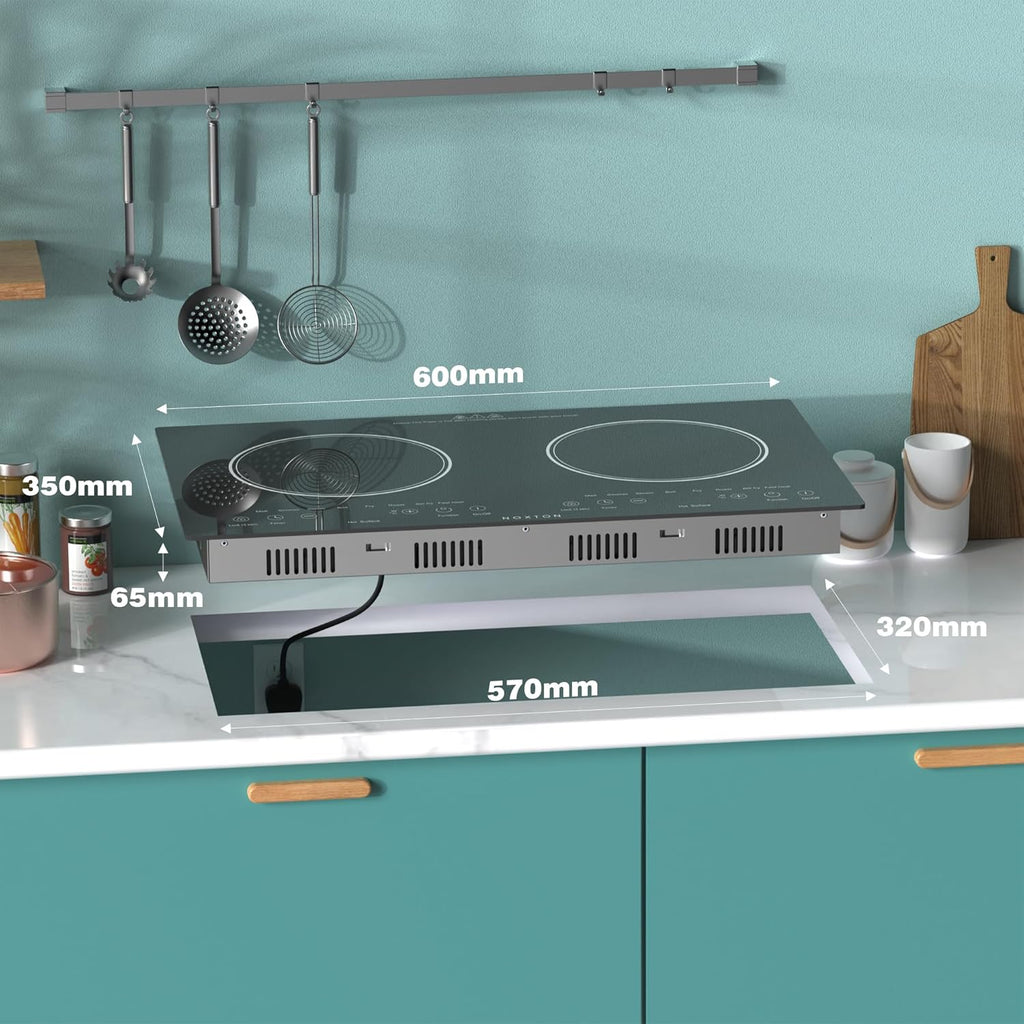 Noxton Double Ceramic Hob, Double Electric Hob Portable 30cm with 4-Hour Timer, 9 Power up to 2800W, Safety Lock, for All Type Pot