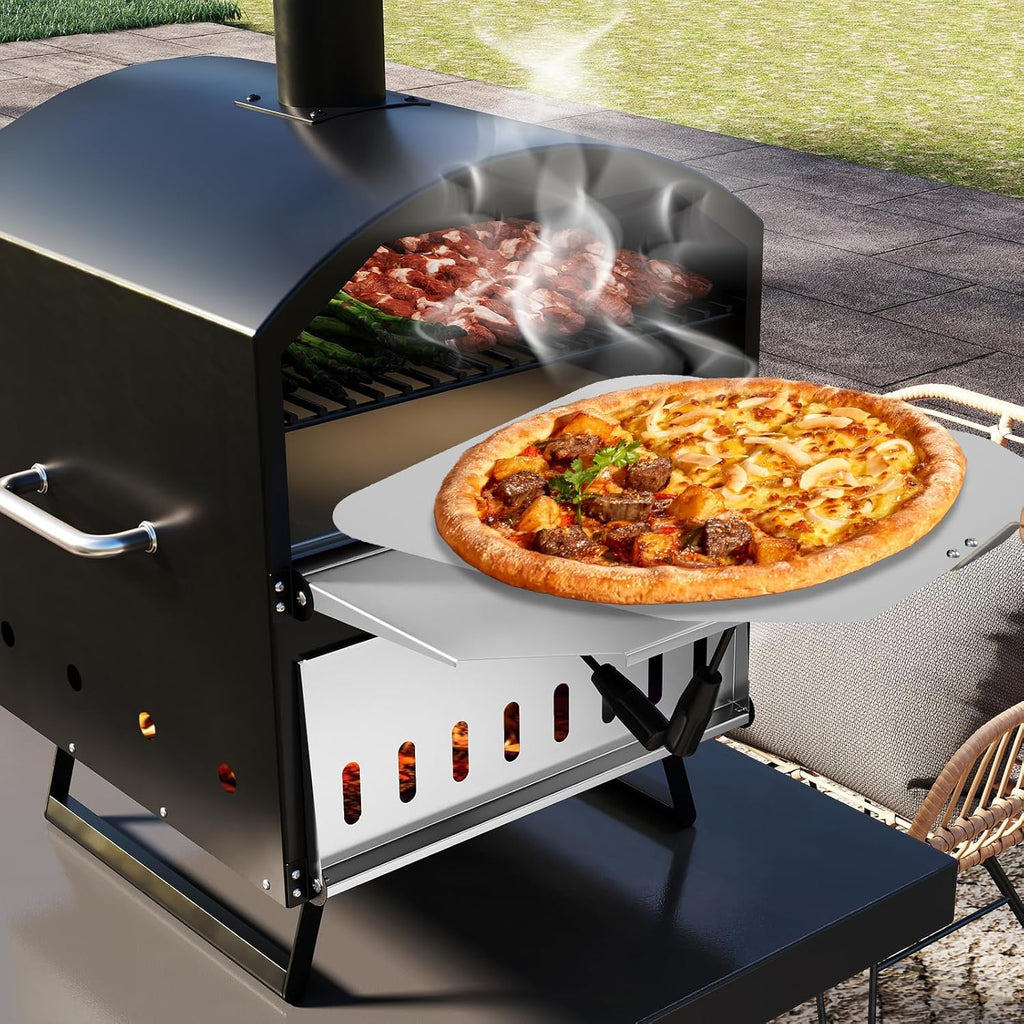 COSTWAY Outdoor Pizza Oven, 1/2-Layer Wood Fired Pizza Maker with Waterproof Cover, Anti-scalding Handles, Pizza Stone & Pizza Peel, Outside Pizza Cooker (54 x 31 x 72 cm, 2-Layer, 1 Grill)