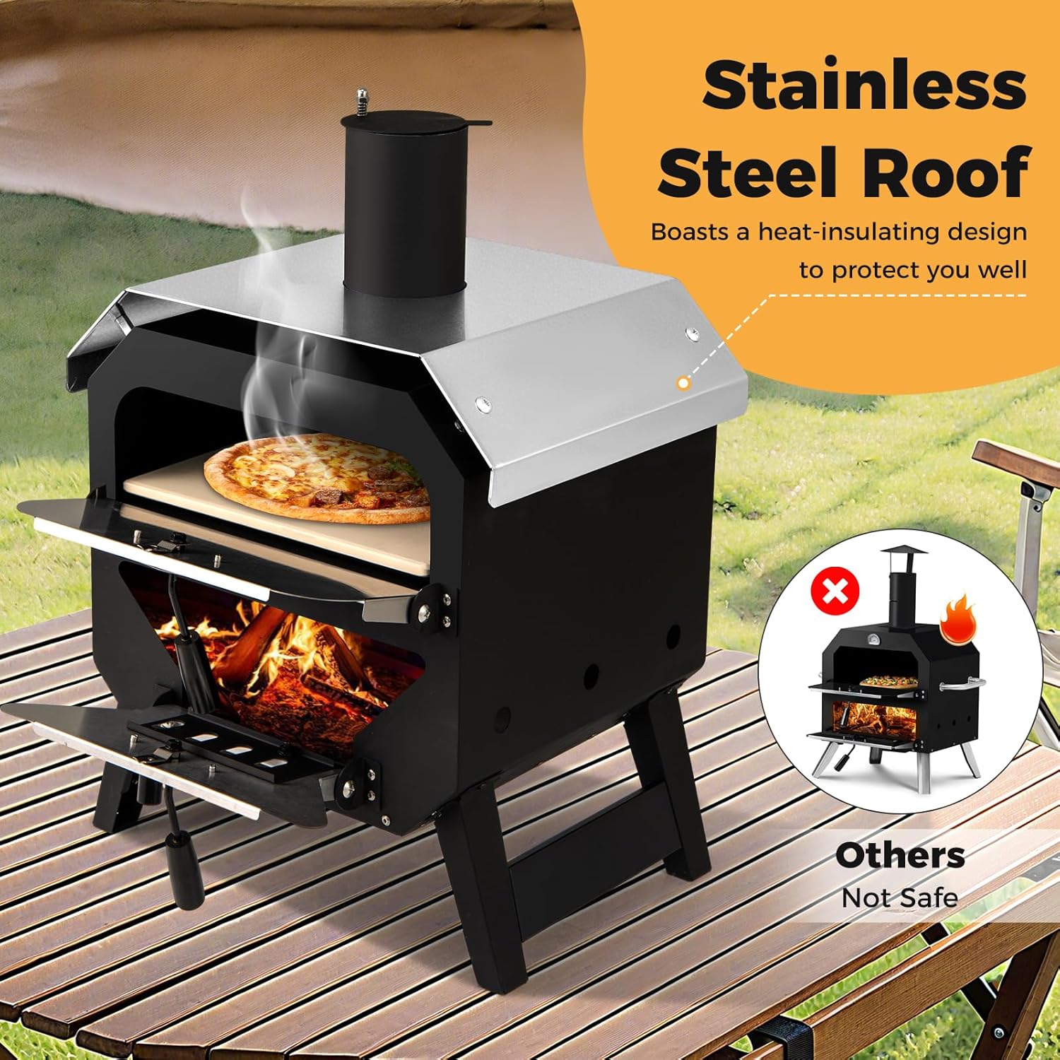 COSTWAY Outdoor Pizza Oven, 1/2-Layer Wood Fired Pizza Maker with Waterproof Cover, Anti-scalding Handles, Pizza Stone & Pizza Peel, Outside Pizza Cooker (54 x 31 x 72 cm, 2-Layer, 1 Grill)