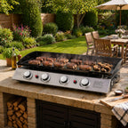 4 Burner Gas BBQ Plancha Grill 10kw Output Power with Detachable Trolley - Gas Bottle Regulator - Cover