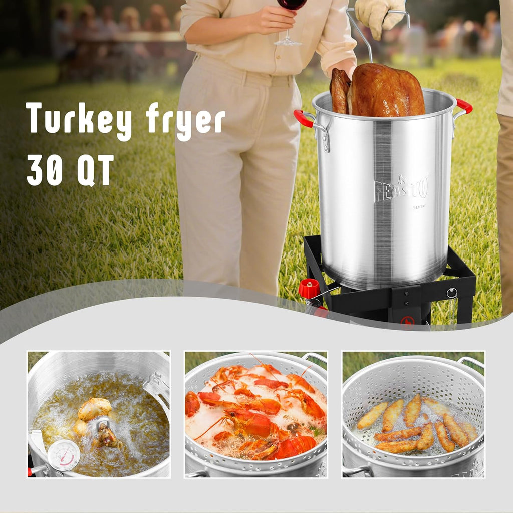 FEASTO 30 Qt Aluminum Turkey Fryer with Basket & 10QT Fish Fryer Kit, 50,000 BTU Outdoor Propane Burner, CSA Certified, Auto Ignition, 10PSI Regulator & Hose