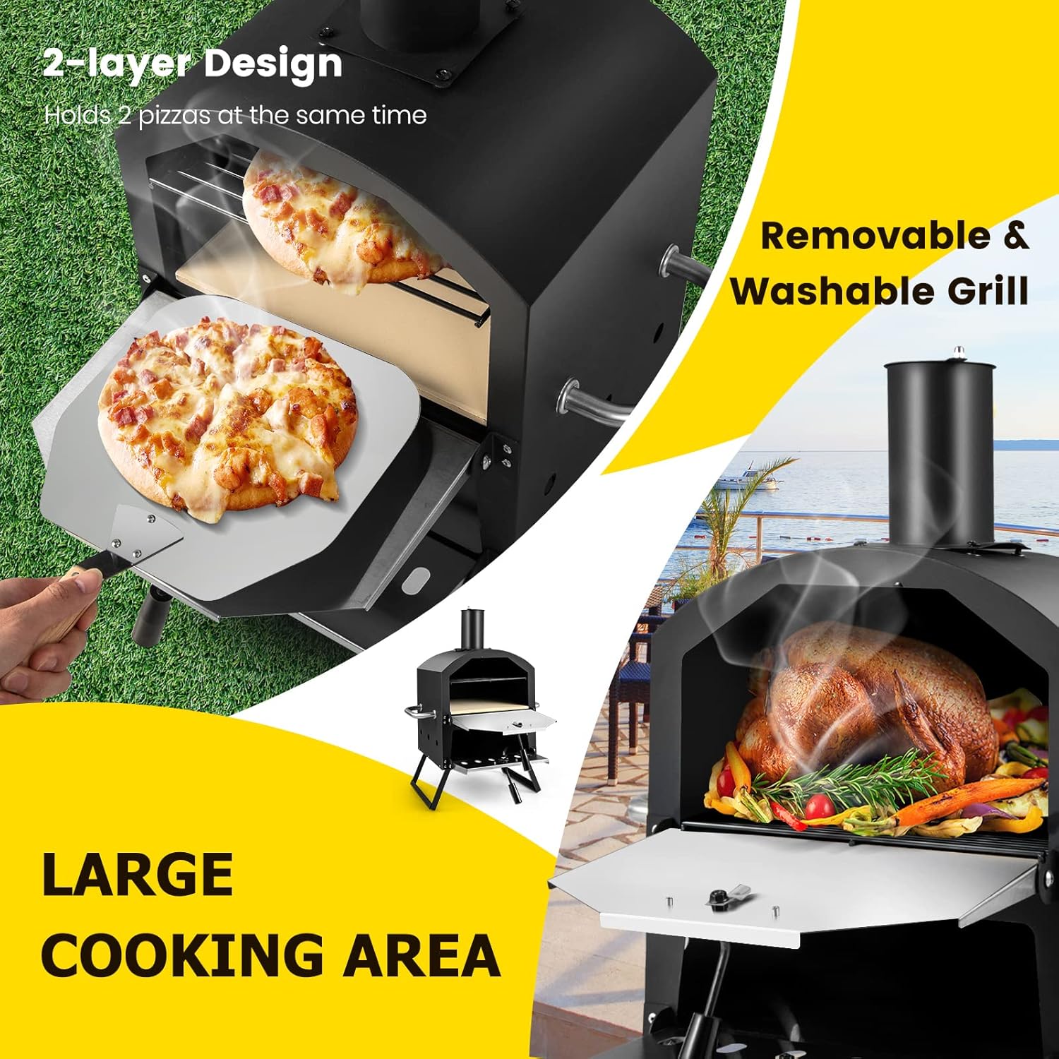 COSTWAY Outdoor Pizza Oven, 1/2-Layer Wood Fired Pizza Maker with Waterproof Cover, Anti-scalding Handles, Pizza Stone & Pizza Peel, Outside Pizza Cooker (54 x 31 x 72 cm, 2-Layer, 1 Grill)