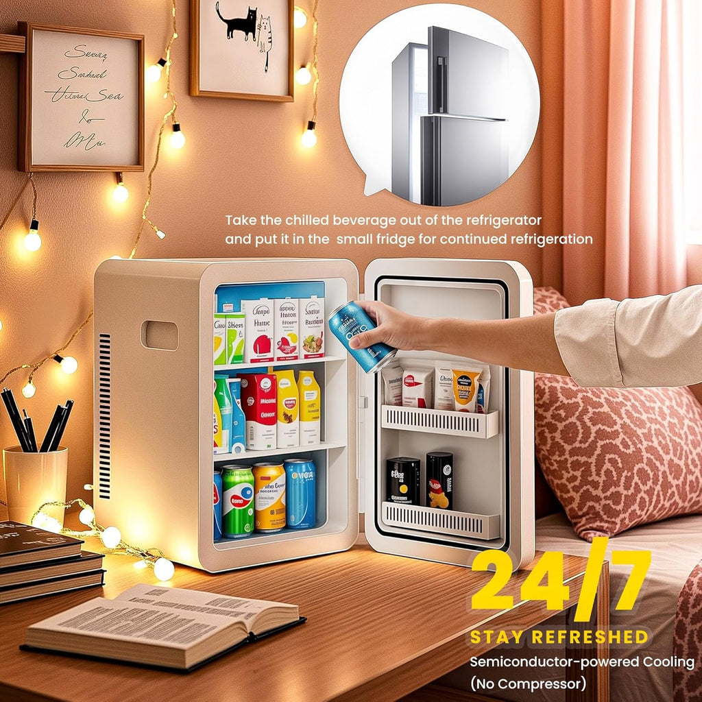 Mini Fridge 22L/30 Cans Portable Cooler & Warmer Mini Fridge for Bedrooms with Adjustable Shelves, AC+12V DC Small Fridges for Office, Car, Travel,Home, Skincare, Drinks & Cosmetics (Black)