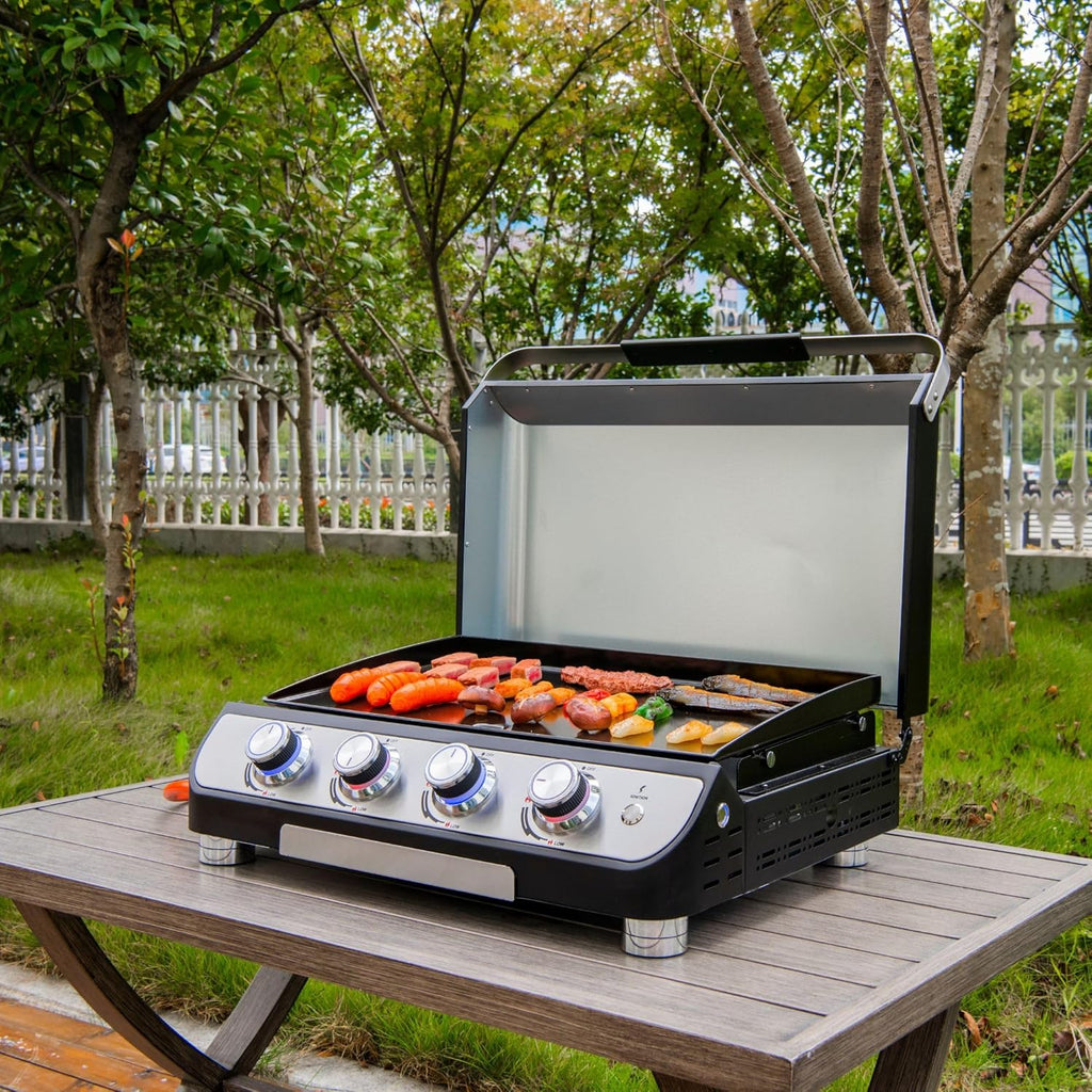 4 Burner Gas BBQ Plancha Grill 10kw Output Power with Detachable Trolley - Gas Bottle Regulator - Cover